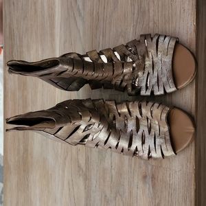 Diba Leather Suede Open Peep Toe Laser Cut Sandals 9 M Copper Brown NEW